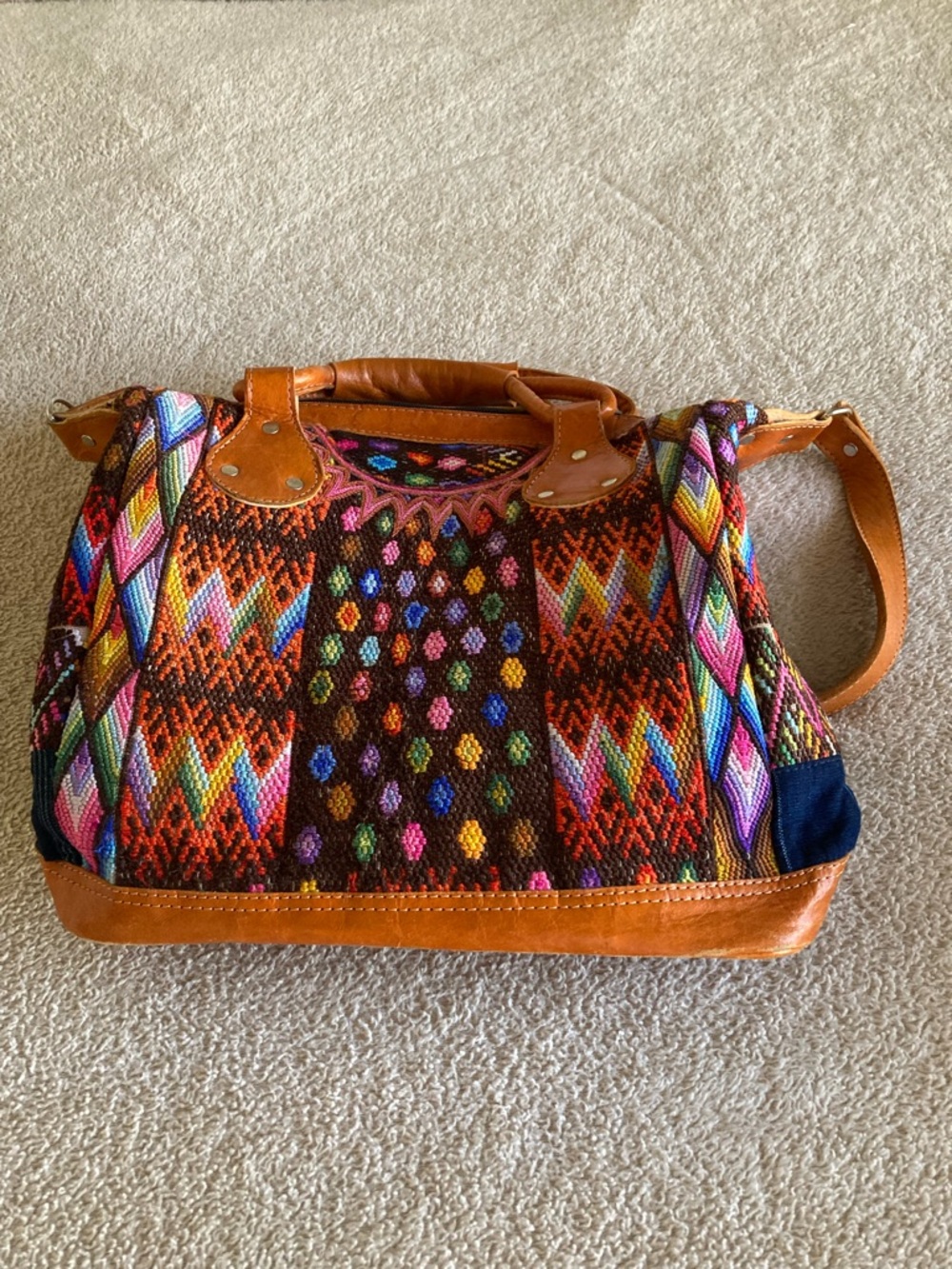 Guatemalan Huipil Embroidered Bag with Tan Leather Trim